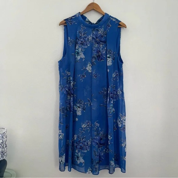 Lane Bryant Blue Floral Metallic Print Sleeveless Mock Neck Pleated Midi Dress - Picture 2 of 10